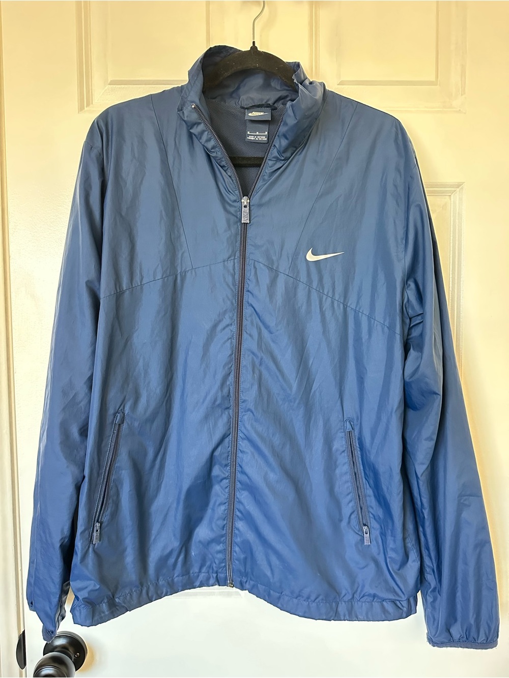 Nike Men's Blue Full-Zip Windbreaker with White Swoosh
